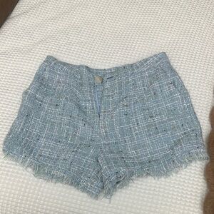Paper Crane Blue Tweed High-Waist Frayed Hem Shorts